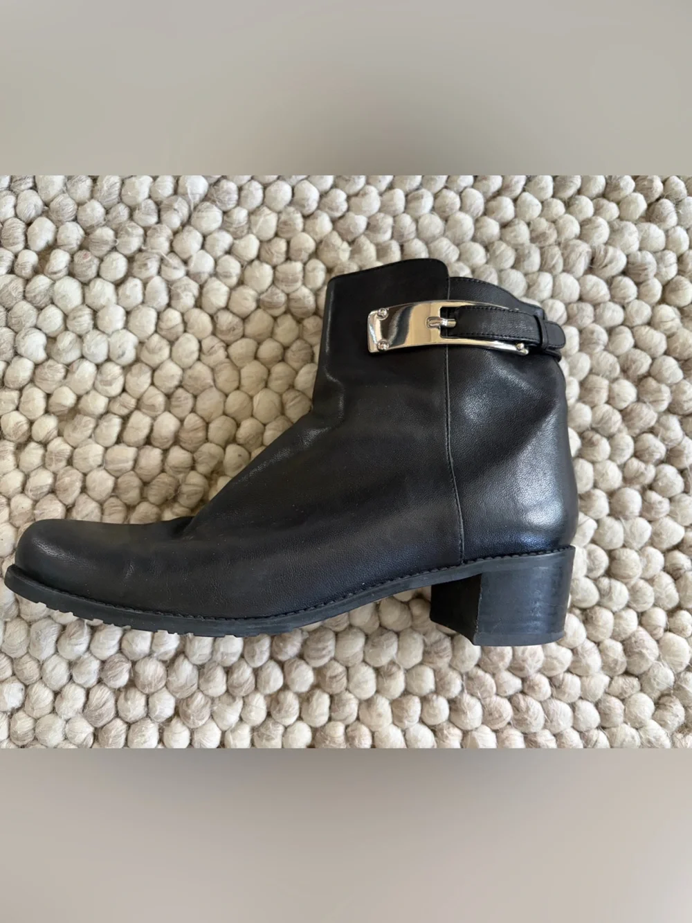 Stuart Weitzman Black Leather Ankle Boot with Silver Buckle